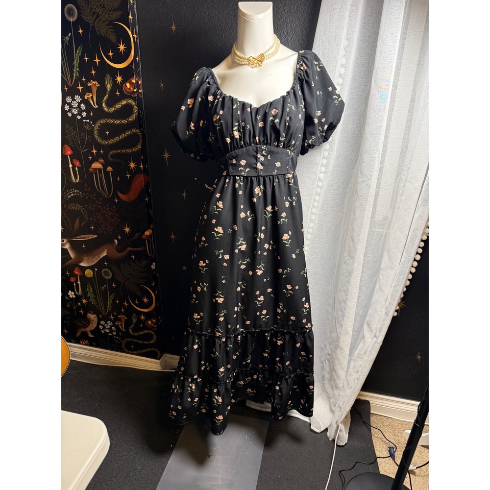 Inspired Heart Black Floral Puff Sleeve Midi Dress Cottagecore Sweetheart XL